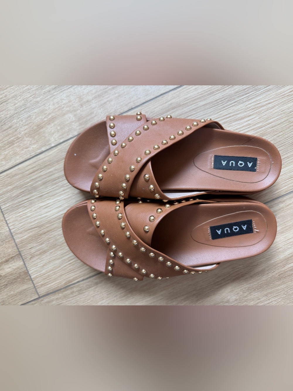 Aqua Studded Tan Crisscross Slide Sandals